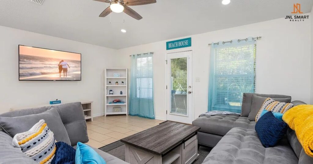 Comfortable living area inside beach vacation rental.
