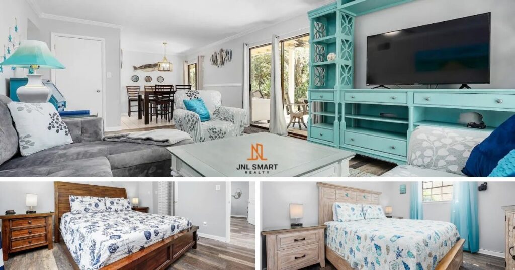 beach vacation rental interior collage of rooms