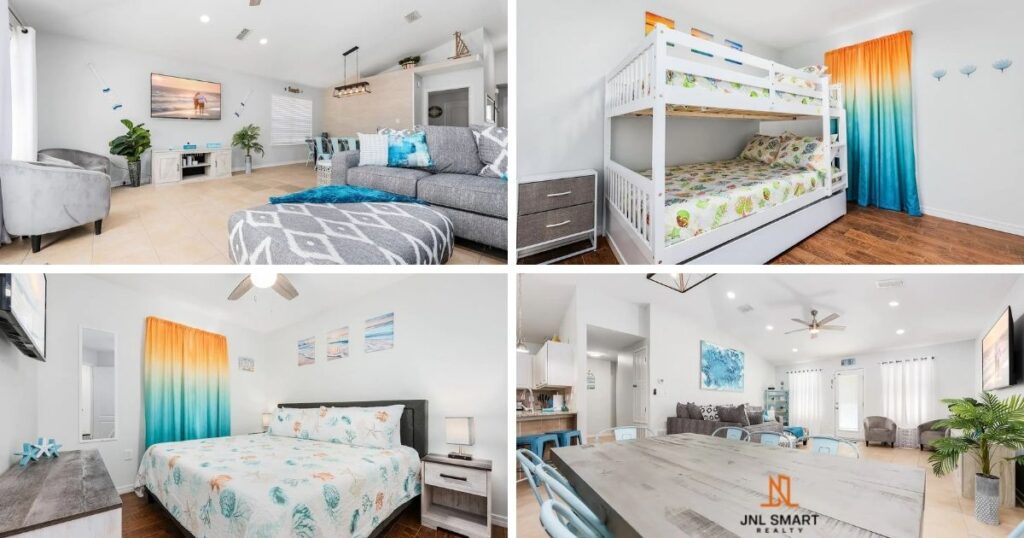 beach vacation rental interior collage of rooms